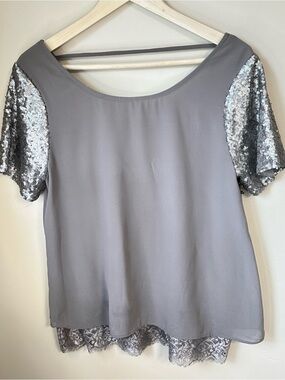 BKE Gray Sequin Sleeve Lace Hem Blouse